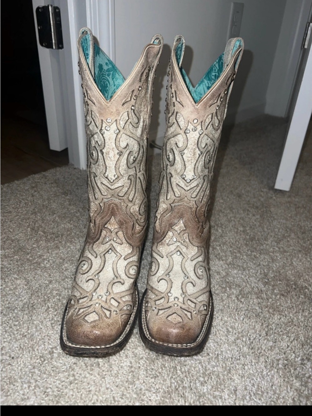 Women's Embroidered Heeled Western Boots in Cream and Brown with Teal Lining